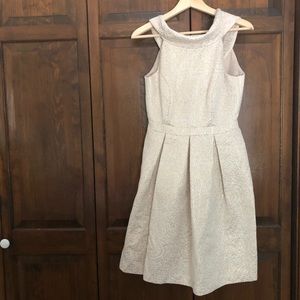 David’s Bridal cream and gold floral dress